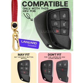 Lucrum Compatible with Chevy, GMC, and Buick Key Fob Cover & Leather Keychain - Keyfob Case for Silverado Tahoe Avenir Envision - (2021-2025) - Red and Gold