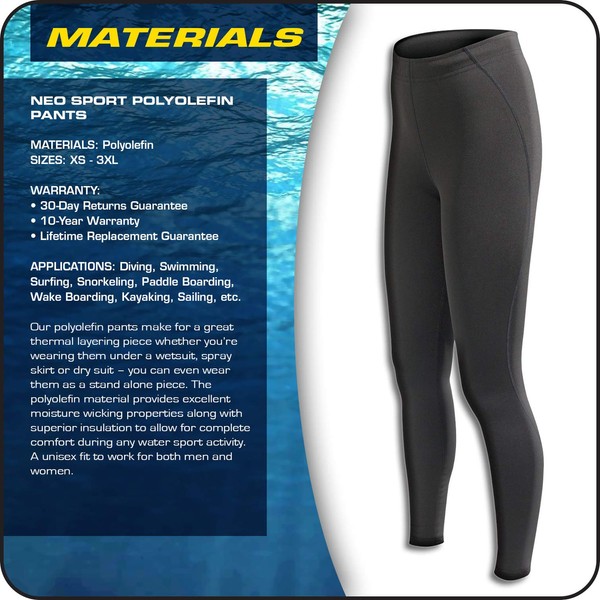Neo-Sport Polyolefin Wetsuit Pants. Made from 250% + Super stretch Polyolefin, material will not fade in Sun or in chlorine pools. Watersports, Swimming, Obstacle, Mud Racing, SCUBA, Surf, SUP, personal watercraft