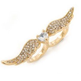 Avalaya CZ Heart/Clear Crystal Two Finger Wings Ring/Gold Plated/Size 7&6