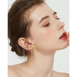 ENSKEFEN Long Gold Bow Earrings for Women Big Ribbon Bow Earring Trendy Bowknot Dangle Drop Post Stud Earrings Statement Gold EarringFashion Jewelry
