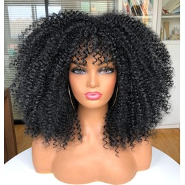 CoCrowns 16inch Afro Kinky Curly Wig with Bangs Long Curly Wigs for Black Women No Glue Full and Fluffy Like a Bomb Long Curly Hair Wigs(Black)