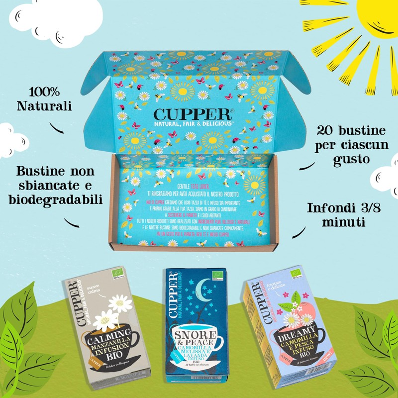 CUPPER Cofanetto Mix di Camomille Biologiche, Camomilla e Pesca, Snore&Peace