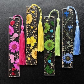 4pcs Dried Flower Bookmarks Handmade Transparent Bookmarks for Dried Flowers with Tassels (Style C)