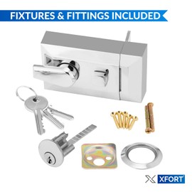 XFORT® Standard Deadlocking Night Latch 60mm, Complete with Rim Cylinder and 3 Keys, Elegant Polished Chrome Nightlatch, External Door Lock for Front Door, High Security for Your Home or Workplace