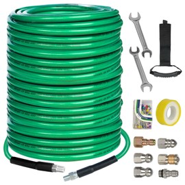 Hourleey Sewer Jetter Kit for Pressure Washer 200FT, 4000 PSI Drain Cleaner Hose 1/4 Inch NPT, Corner Rotating and Button Hose Sewer Jetting Nozzle Pearl Corsage Pin Tape Handle Strap Spanner, Green