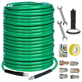 Hourleey Sewer Jetter Kit for Pressure Washer 200FT, 4000 PSI Drain Cleaner Hose 1/4 Inch NPT, Corner Rotating and Button Hose Sewer Jetting Nozzle Pearl Corsage Pin Tape Handle Strap Spanner, Green
