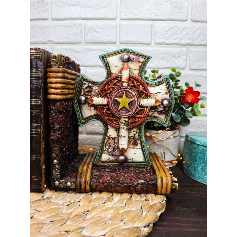 Rustic Western Star Turquoise Birchwood Birch Tree Cross Decorative Bookends