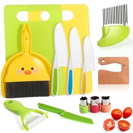 14 piezas de juego de cuchillos de cocina seguros de juguete Montessori para niños pequeños, juego de cuchillos para niños para cocina real con tabla de cortar, regalo para niña niño de 3 a 12 años