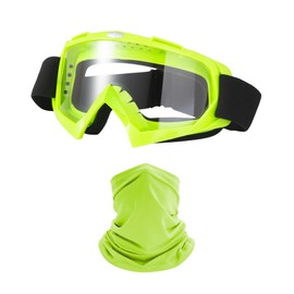 LJDJ Motorcycle Goggles Dirt Bike ATV Off-Road Riding Motocross Glasses with Sun UV Protection Neck Gaiter Face Cover (Green/Clear Lens)