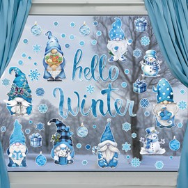 131PCS Hello Winter Gnomes Window Stickers Blue Gnomes Windows Decals Clings Double Printed PVC Stickers Decoration Christmas Gnomes Snowflake Snowman Windows Clings for Winter Holiday Xmas Supplies