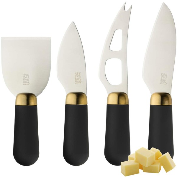 Taylors Eye Witness Cheese Knives - Brooklyn Brass Four Piece Cheese Knife Set with Anti-Bacterial, Hard Ceramic Coated Blades & Ergonomic Soft Grip Handles for Comfort. 2 Year Guarantee.