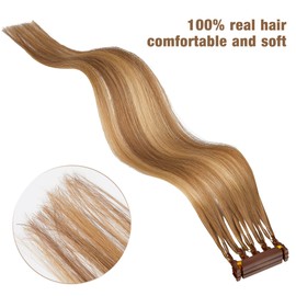 6-Domideance Pieza De Cabello 6D De Segunda Generación, Extensiones De Cabello 100% Naturales Reales, Puede Permanente Y Teñir El Cabello Sin Enredos, Cinco Racimos En Una Fila (18 Pulgadas, 4/27/4) #