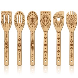 GLOBLELAND 6Pcs Moon Moth Wooden Spoons Utensil Set Moon Phases Bamboo Carving Kitchen Cooking Utensils Wooden Engraved Cooking Spatula Set for Kitchen Fun House Warming Gift