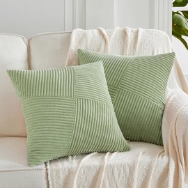 FDTERN Set of 2 Sage Green Boho Decorative Cushion Covers 50 x 50 cm with Diagonal Striped Pattern Soft Corduroy Cushion Cover Decorative Cushion Covers Sofa Cushion Decorative Cushion Decoration for Sofa Bedroom Living Room
