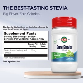 KAL Sure Stevia Extract Powder, Low Carb, Plant Based Stevia Sweetener, Great Taste, Zero Calories, Zero Sugar, Low Glycemic & Perfect for a Keto Diet, 60-Day Guarantee, Approx. 1820 Servings, 3.5oz