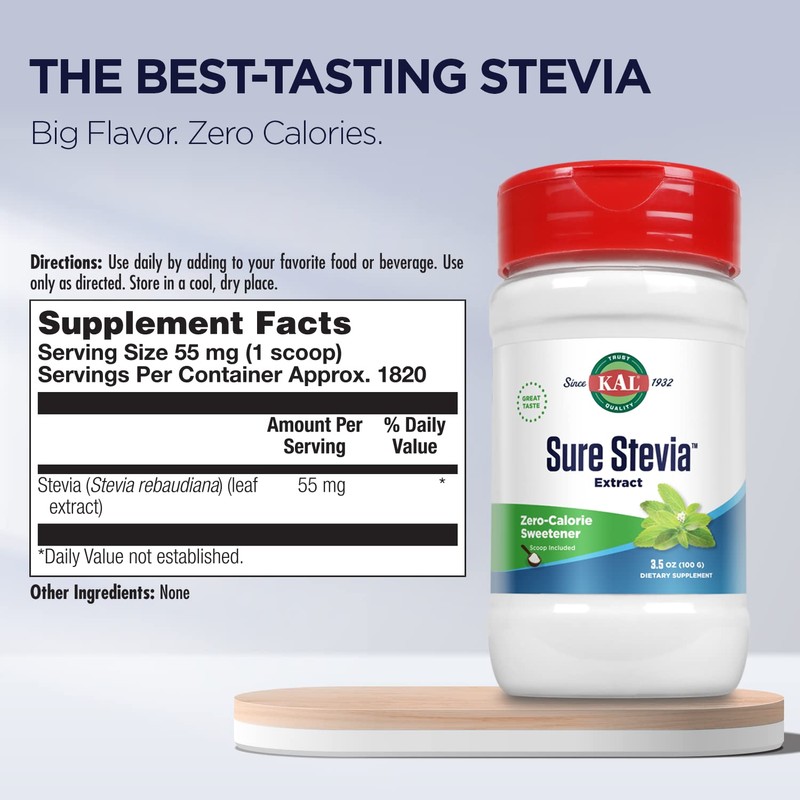 KAL Sure Stevia Extract Powder, Low Carb, Plant Based Stevia