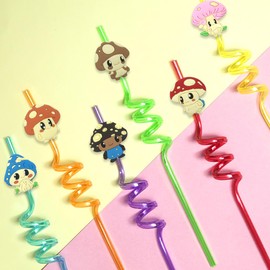 24pcs Mushroom Drinking Straws - Reusable, Translucent, and Fun Party Decorations for Kids and Adults - for Mushroom Party Favors,Birthday Party Supplies, with Cleaning Brushes