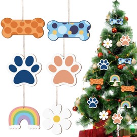 Chunful 24 Pack Cartoon Christmas Wooden Ornaments Dog Bone Puppy Dog Paw Rainbow Daisy Xmas Tree Hanging Decorations for Christmas Party DIY Craft Decorations