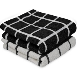 Towelogy® Premium Tea Towels for Kitchen 100% Cotton Lint Free Large Black/White Jumbo Check Dishcloths Tear Resistant & Ecofriendly 45x65 cm (Black/White, 2)