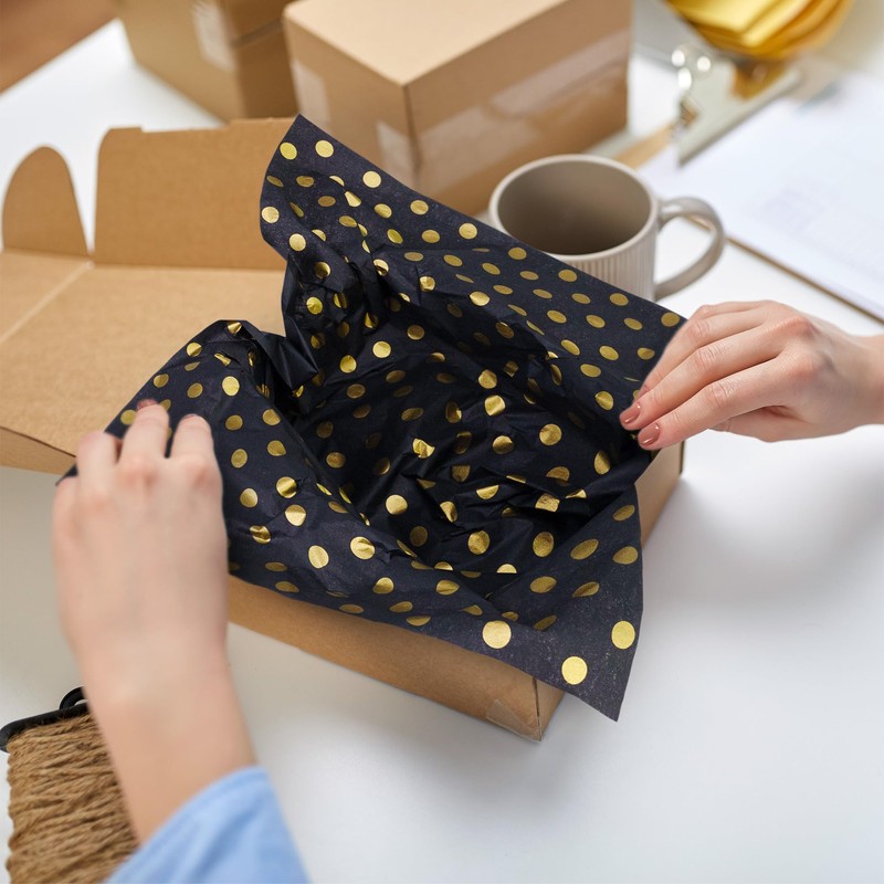 MR FIVE 60 Sheets Black Gold Polka Dot Tissue Paper