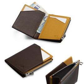 ROIK Men's Genuine Leather Wallet - Men's Wallet with RFID Protection - Card Case with Coin Compartment - Mini Wallet for Men - Compact Leather Wallet for Men - Zip Coin, Brown-mustard, Minimalist