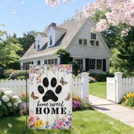 Heyfibro Spring Home Sweet Home Garden Flag 12x18 Inch Double Sided Floral Garden Flag Seasonal Small Paw Print House Flags for Outside Yard Farmhouse Spring Outdoor Decorations