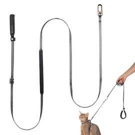 BuddyArmor Ultra Lightweight Cat Leash Adjustable with Comfortable Padded Handle, Soft Thin Nylon Cat Walking Training Waist Crossbody Leash for Kitten Small Large Cats, Puppy, No Harness (Space Gray)