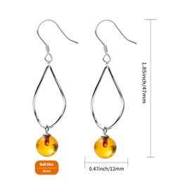 Genuine Baltic Round Amber Drop Dangle Earrings for Women in Sterling Silver, Rich Cognac Color