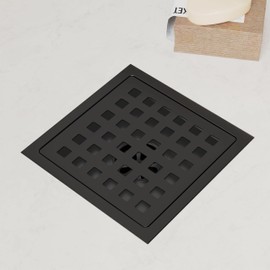 Zenomize 4 Inch Square Shower Drain Floor Drain with Removable Cover Grid Grate, SUS304 Stainless Steel CUPC Certificate, Matte Black Finished Shower Drain