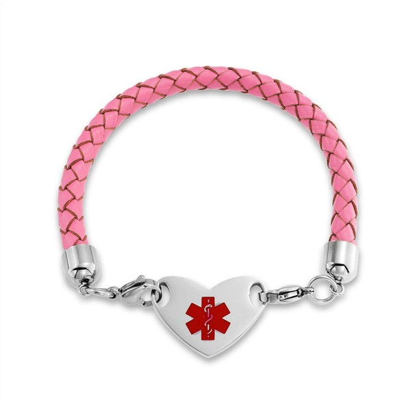 Customizable Engravable Identification Medical Alert ID Pink Braided Leather Bracelet For Women Stainless Steel