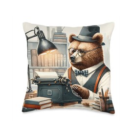 Bear Typing On A Vintage Typewriter. Desk Glasses Study Lamp Throw Pillow