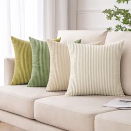 MIULEE Corduroy Pillow Covers Soft Soild Striped Throw Pillow Covers Set of 4 Decorative Square Cushion Cases Pillowcases for Sofa Bedroom Couch 18 x 18 Inch, Beige and Green