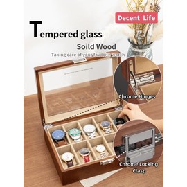 LIBOLXSP Watch Box, Watch Case for Men Women with Large Glass Lid, Wooden Watch Display Storage Box with 10 Slots, Solid Wood Walnut Mens Watch Box Organizer Velvet Lining for Father‘s Day Gift