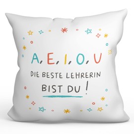 Mugffins AEIOU Cushion with Filling with Saying for Teacher in German 40 x 40 cm Original and Funny Gift Employee