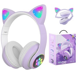 Kids Headphones, Megadream Wireless / Wired Headphones with Microphone, Cat Ear LED Light, RGB Light Design on Both Sides, Bluetooth 5.0, Wire Length, 3.3 ft (1 m), TF Card Insert, Foldable,