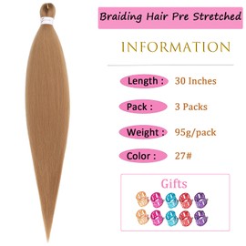 Honey Blonde Braiding Hair Pre stretched 30 Inch 3 Packs 27# Pre stretched Braiding Hair Ago Yaki Texture Synthetic Hair Extension Itch Free Hot Water Setting(30", 27#,3Packs)