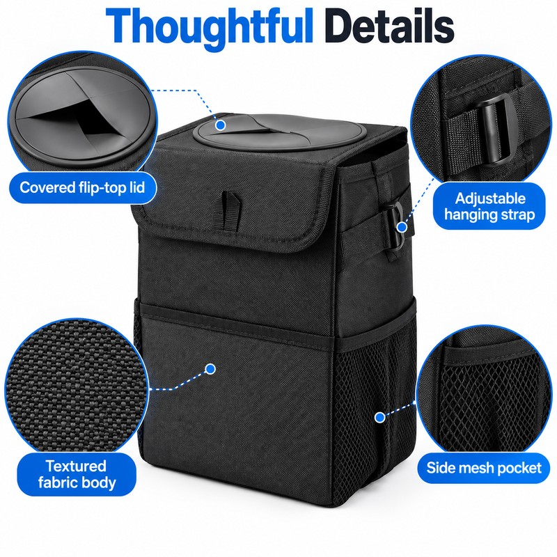 Collapsible Car Trash Can with Lid, Leak-Resistant Oxford Cloth Garbage