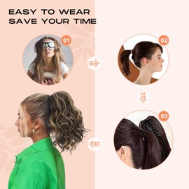 SEIKEA 12" Highlight Ponytail Extension, PT001 Ella Claw Short Thick Wavy Curly Jaw Clip in Fake Pony Tails Fake Hair Soft Natural Looking Synthetic Hairpiece for Women Black Brown