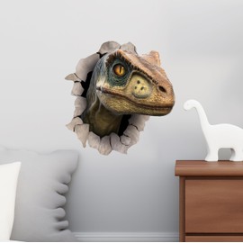 3D Dinosaur Raptor Wall Decal – Wall Breakthrough Sticker for Kids Bedroom, Nursery, or Playroom – Removable T-Rex Peel & Stick Adhesive Fabric Vinyl – Jurassic Theme (12" Tall x 12" Wide)