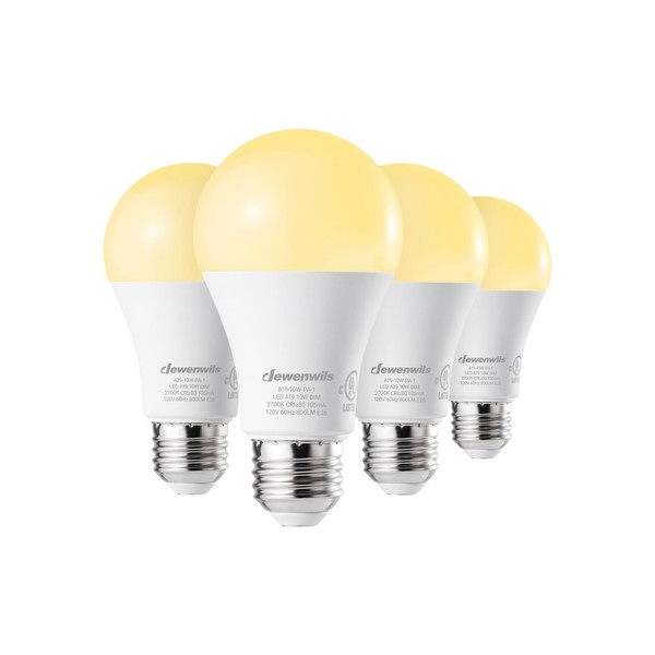 DEWENWILS 4-Pack Dimmable LED A19 Light Bulb, Soft White Light with Warm Glow, 800 Lumen, 2700K, 10W (60 Watt Equivalent), E26 Medium Screw Base, UL Listed