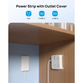 TROND Flat Power Strip with Outlet Concealer, 10FT Extension Cord with 3 Widely Spaced AC Outlets, 3 USB Charger(2 USB C Ports), Wall Mount Power Strip, Compact for Nightstand Couches Home Essentials