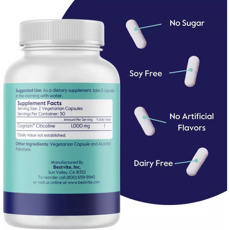Bestvite Cognizin Citicoline 500mg (60 Vegetarian Capsules)-Clin