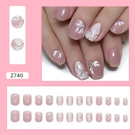 AZTSYT Aurora Butterfly Press on Nails Short Oval Fake Nails Glossy False Nails with Rhinestones Designs Full Cover Stick on Nails Reusable Acrylic Nails Artificial Nails Glue on Nails for Women 24Pcs