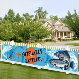 Kimini-Ki Ofishally Retired Banner, Large Fishing Retirement Yard Banner, Gone Fishing Retirement Party Decorations for Men, Fisherman Fishing Themed Party Sign