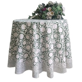ATOSII Shalimar Green 100% Cotton Round Boho Fall Tablecloth, Handblock Floral Table Cloth Linen for Kitchen Dining I Parties Wedding Outdoors Christmas Thanksgiving I Fall Home Decor 90" Inches Round