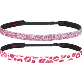 Hipsy Adjustable Non Slip 5/8" Skinny Bling Glitter & Valentine's Day Printed Headband 2-packs for Women Girls and Nurses (Lipstick Kisses & Light Pink Glitter 2pk)