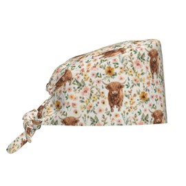 Highland Cow Flower Adjustable Working Cap with Sweatband Scrub Hats Surgical Headgear for Women/Men
