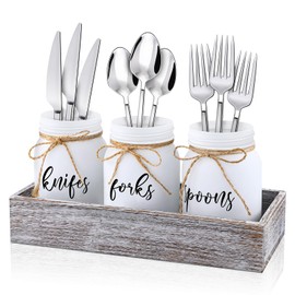 Tiangrid 4 Pcs Mason Jar Utensil Holder Silverware Caddy Glass Utensil Holder with Wood Tray for Countertop Retro Farmhouse Silverware Holder for Party Cutlery Storage Organizer for Kitchen Table