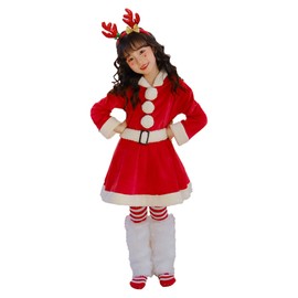 CSILOVEE Santa Costume, Kids, Santa Claus, Santa Cosplay, Christmas Costume, Children, Girl, Dress, Santa, Cosplay, Hooded, Fluffy Hat, Headband, Party, New Year, Cultural Festival, 4-piece Set (Red,