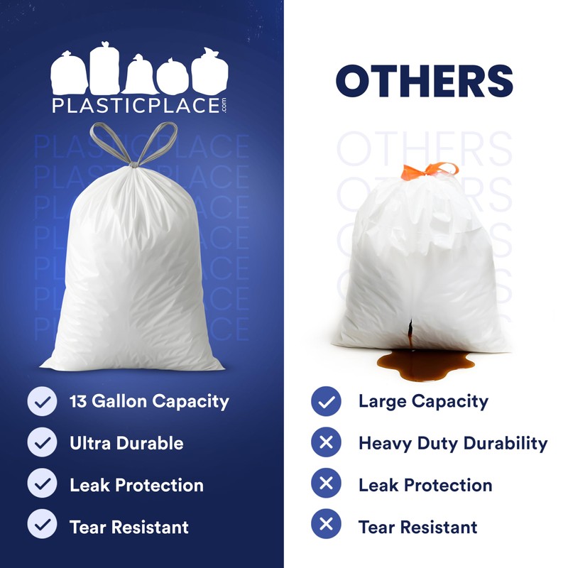 Plasticplace 13 Gallon Trash Bags 1.2 Mil White Drawstring Garbage